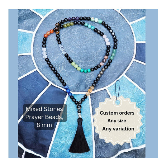 108 Mala Beads, Prayer Beads, Muslim Misbaha, Rosary, Mala Necklace, Hand Knotted Meditation Beads, Yoga Necklace, Crystal Stone Beads, Orthodox Prayer beads 8mm.  There are 108+1 Guru crystal stone beads of different type on the photo of my listing