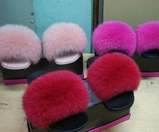 BY ORDER Hot Pink Real Fox Fur Slides Women Girl Leather Beach Large Finnish Fox Fur Sandals Summer Slippers Fashion Fluffy Shoes Flip Flop