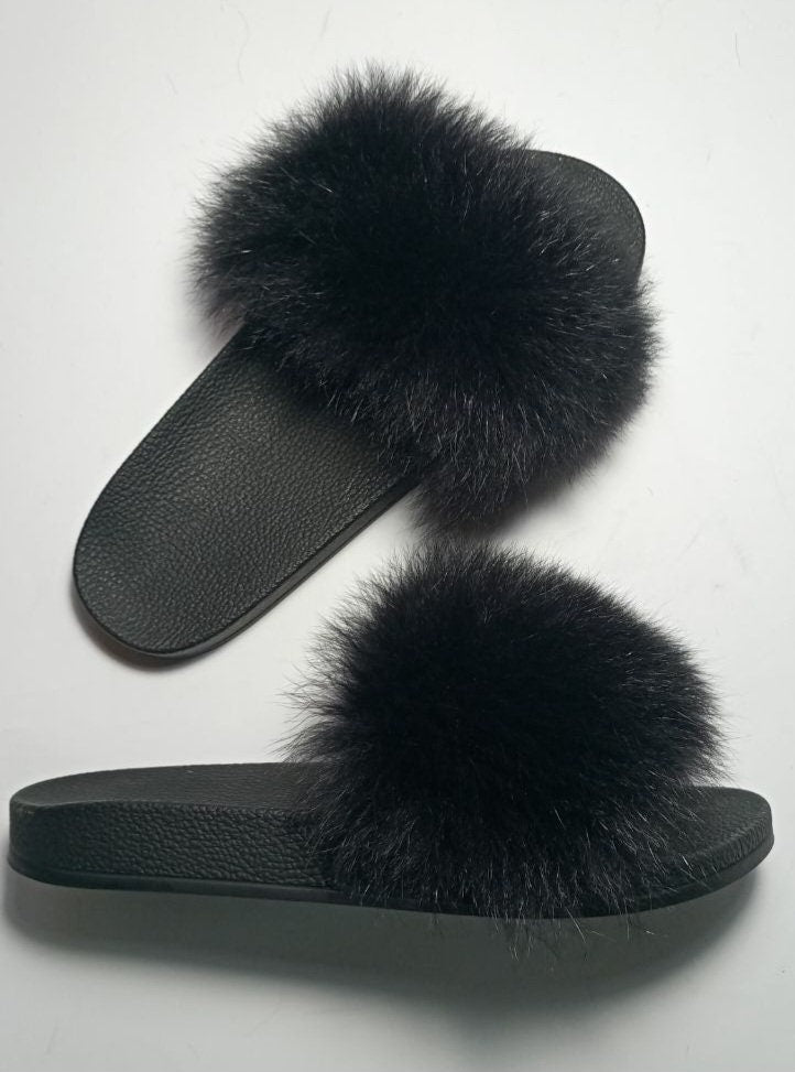 BY ORDER Black Real Fox Fur Slippers Women Girl Beach Large Finnish Fox Fur Sandals Summer Slides Fashion Fluffy Shoes Flip Flops Leather