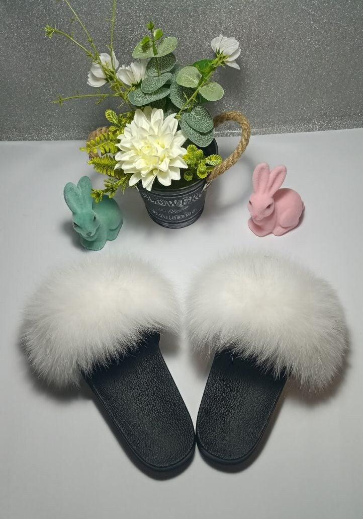 BY ORDER Off White Real Fox Fur Slides Women Girl Leather Beach Large Finnish Fox Fur Sandals Summer Slippers Fashion Fluffy Shoes Flip Flop