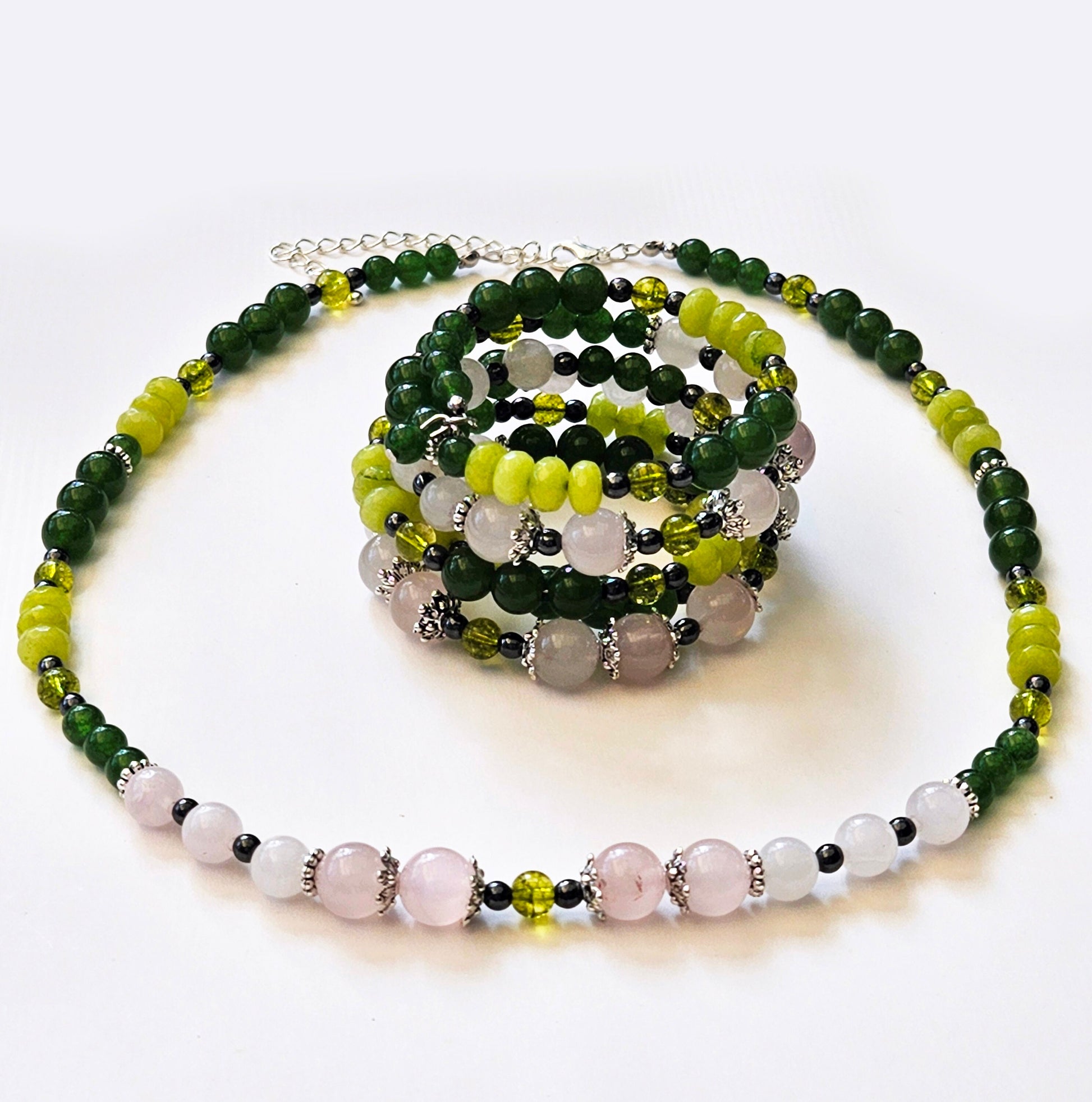 Rose Quartz Necklace and Bracelet Set, Green Jade Jewelry Set, Gemstone Jewelry Gift for Her, Matching Necklace Bracelet, Handmade in Canada