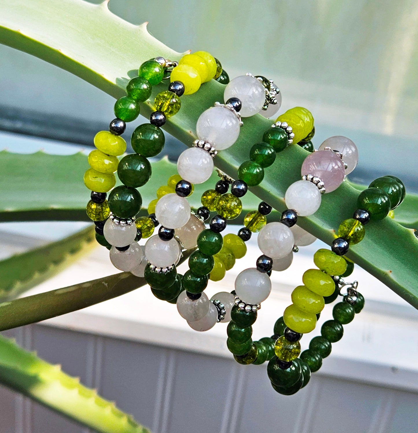 Rose Quartz Necklace and Bracelet Set, Green Jade Jewelry Set, Gemstone Jewelry Gift for Her, Matching Necklace Bracelet, Handmade in Canada