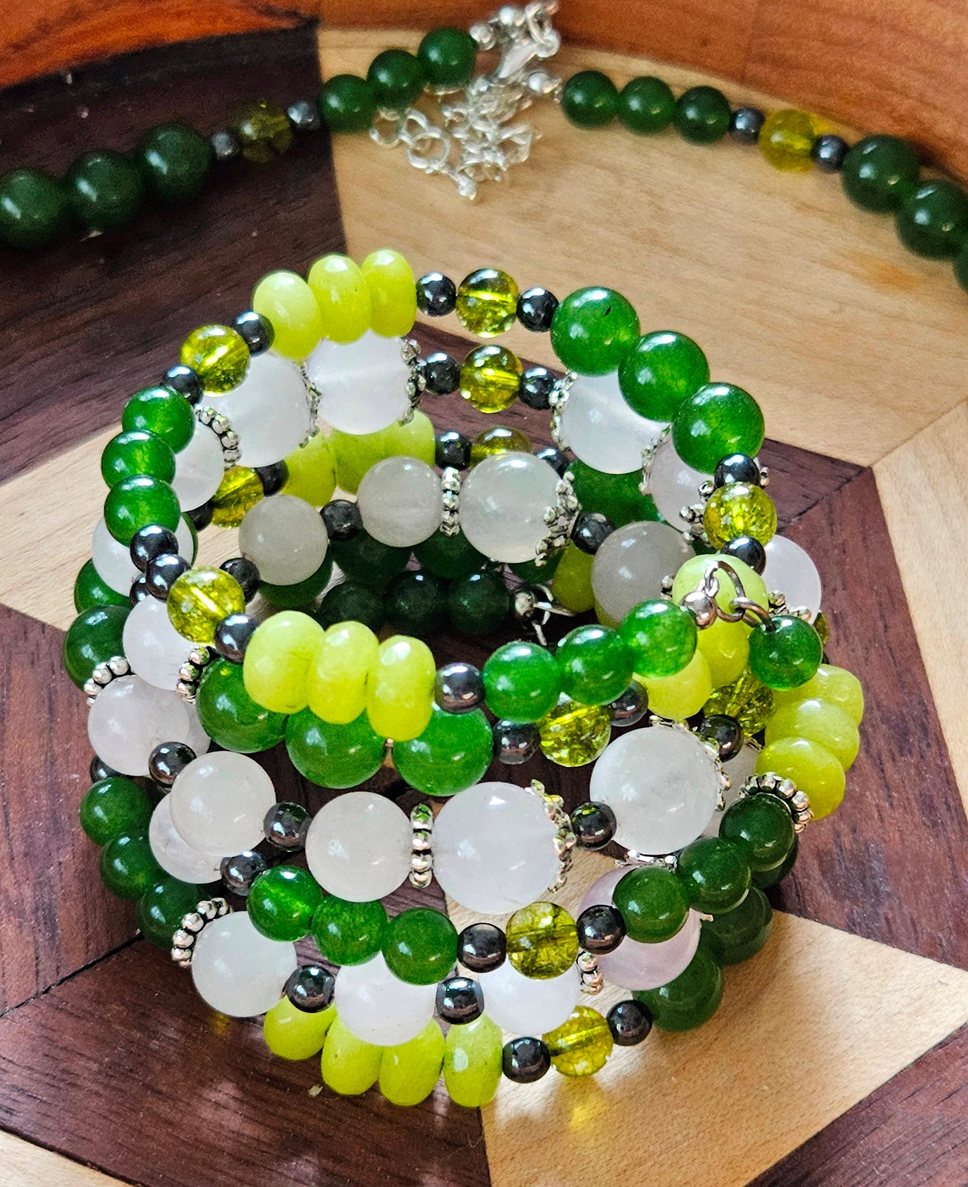 Rose Quartz Necklace and Bracelet Set, Green Jade Jewelry Set, Gemstone Jewelry Gift for Her, Matching Necklace Bracelet, Handmade in Canada