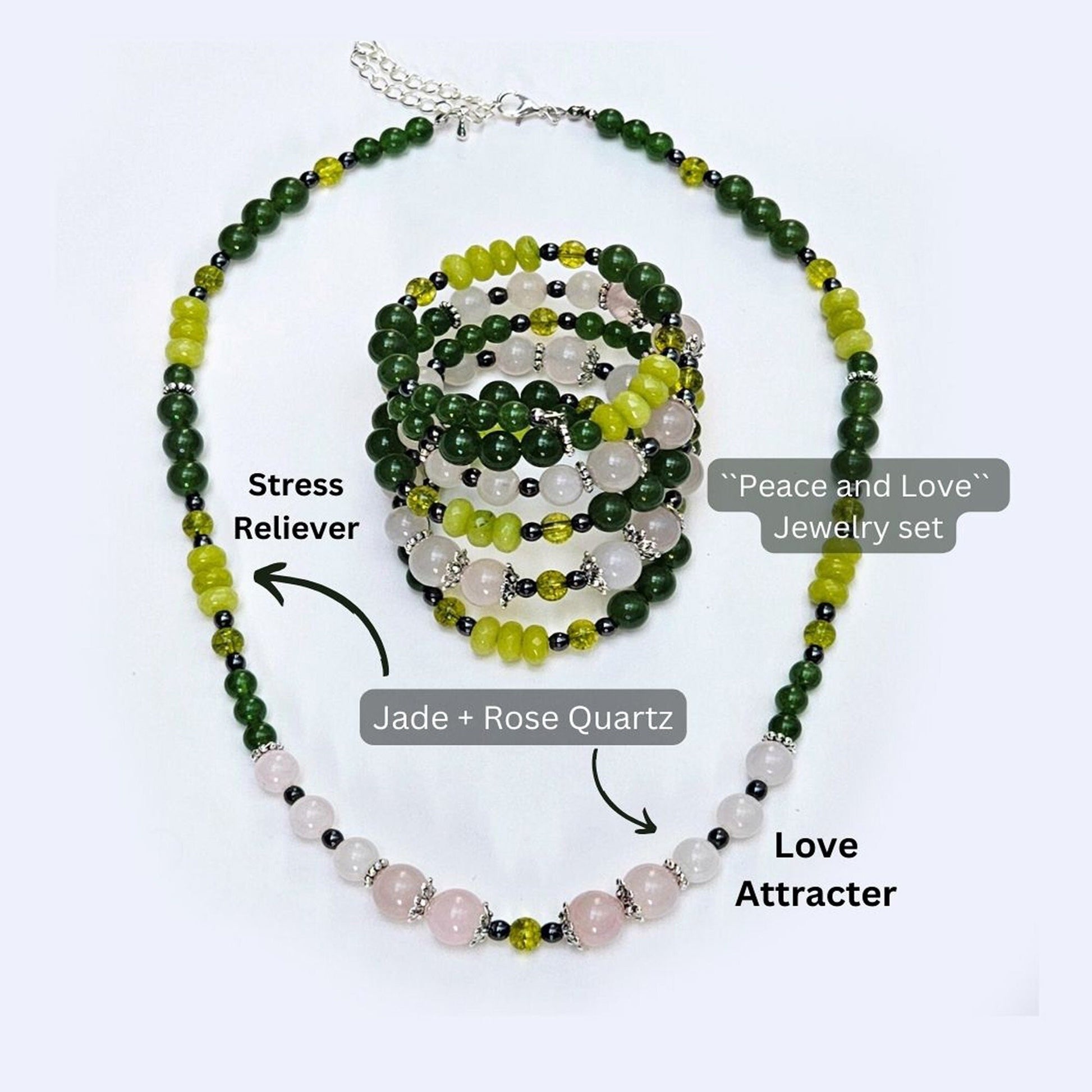 Rose Quartz Necklace and Bracelet Set, Green Jade Jewelry Set, Gemstone Jewelry Gift for Her, Matching Necklace Bracelet, Handmade in Canada