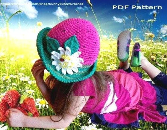 CROCHET HAT PATTERN, Children Crochet Pattern, Summer Crochet Hat, Strawberry Brimmed Hat Pattern, Daisy, Sun hat, Kids hat, Girl hat, Adult