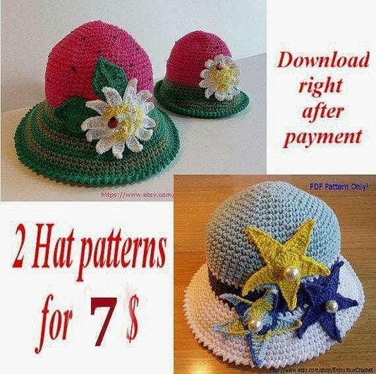 Crochet Hat Patterns: Starfish & Strawberry Summer Hats (PDF Pattern)