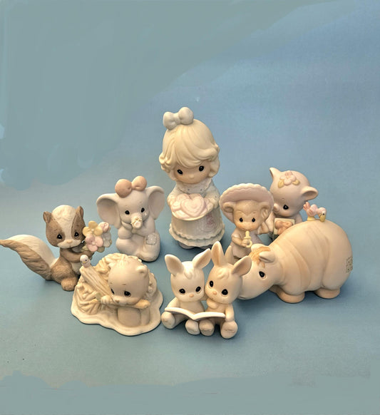Precious Moments Porcelain Figurines Enesco Vintage Collectibles Bunny Elephant Pig Rhino Monkey Beaver Skunk Girl Figures, Choice of 8