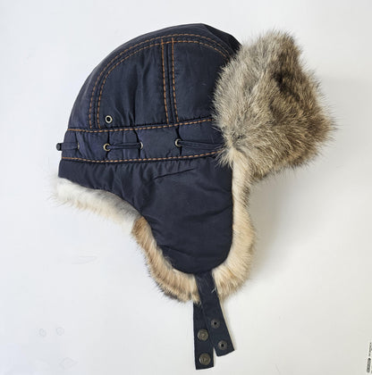 Ski Hat – Warm Rabbit Fur Aviator Earflap Hat – Black with Brown Thread Accents – view 9