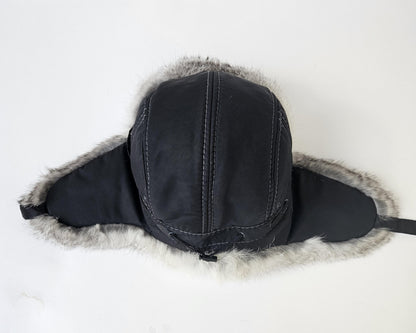 Rabbit Fur Hat – Unisex Aviator Winter Hat – Black with Gray Rabbit Fur – view 14