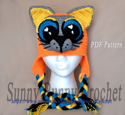 Animal Hat Pattern, Crochet Hat Pattern, Cat with Big Eyes Pattern, Children Spring Hat, Earflaps, Cat ears, girl, kids, adult, baby
