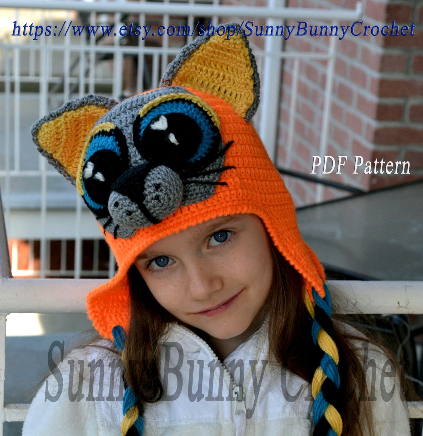 Animal Hat Pattern, Crochet Hat Pattern, Cat with Big Eyes Pattern, Children Spring Hat, Earflaps, Cat ears, girl, kids, adult, baby