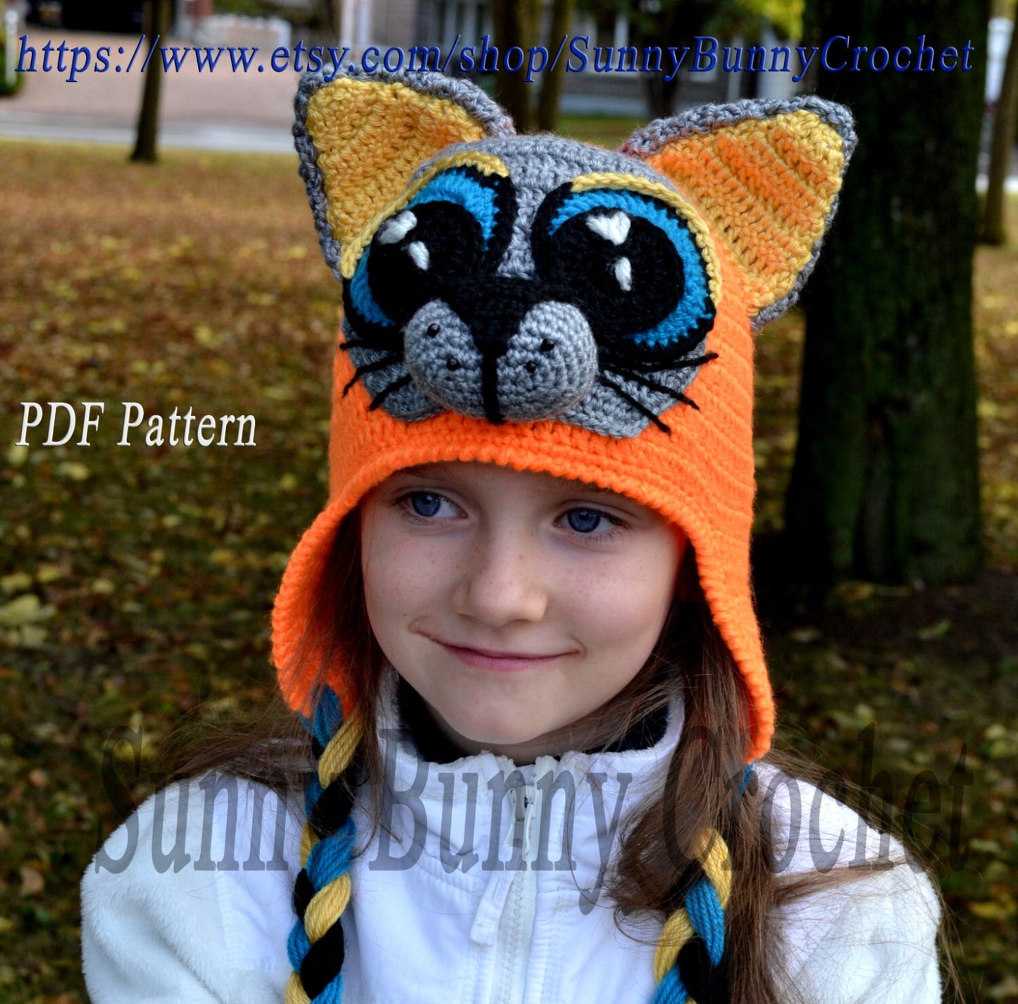 Animal Hat Pattern, Crochet Hat Pattern, Cat with Big Eyes Pattern, Children Spring Hat, Earflaps, Cat ears, girl, kids, adult, baby