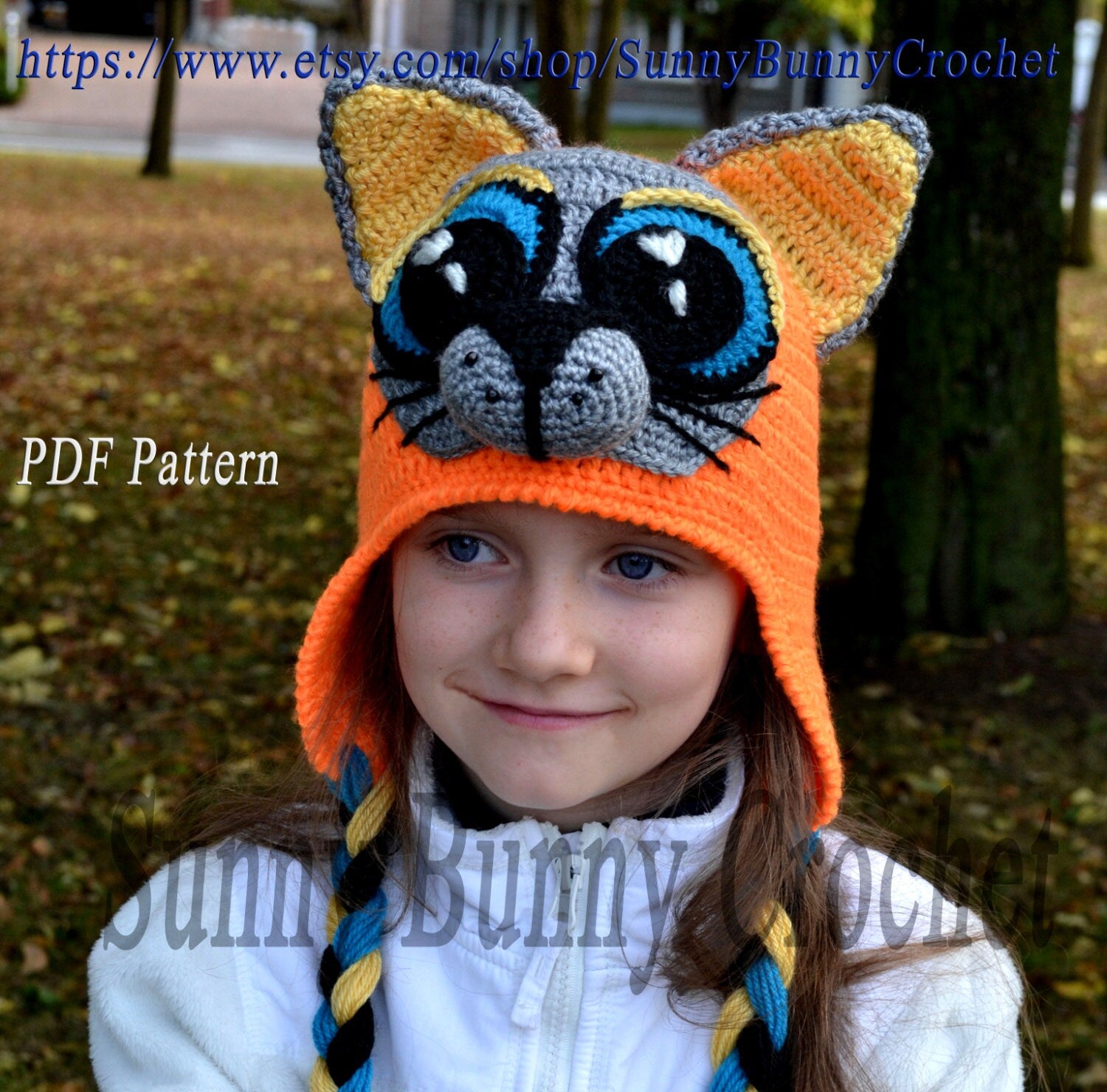 Animal Hat Pattern, Crochet Hat Pattern, Cat with Big Eyes Pattern, Children Spring Hat, Earflaps, Cat ears, girl, kids, adult, baby
