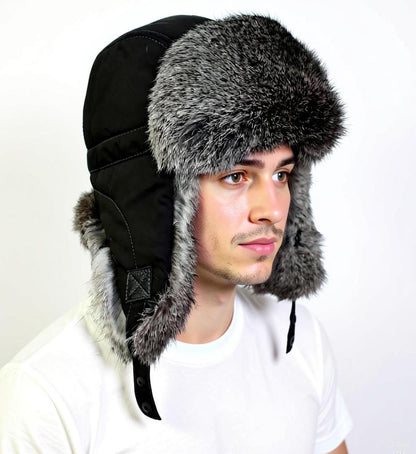 Fur Ear Flap Hat, Men real fur hat, Trapper Hat, Aviator Hat, Ushanka, Russian Hat, Ski Hat, Rabbit Fur, Fur Hat Ear Flaps, Gray fur