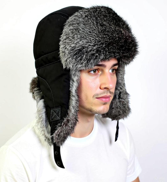Fur Ear Flap Hat, Men real fur hat, Trapper Hat, Aviator Hat, Ushanka, Russian Hat, Ski Hat, Rabbit Fur, Fur Hat Ear Flaps, Gray fur