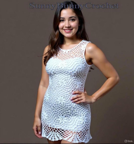 Crocheted Cotton Mini Dress: White Lace Flower Tunic Cover-Up