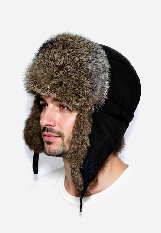 READY to SHIP Fur Ear Flap Hat, Men real fur hat, Trapper Hat, Aviator Hat, Ushanka, Russian Hat, Ski Hat, Rabbit Fur, Fur Hat Ear Flaps Men
