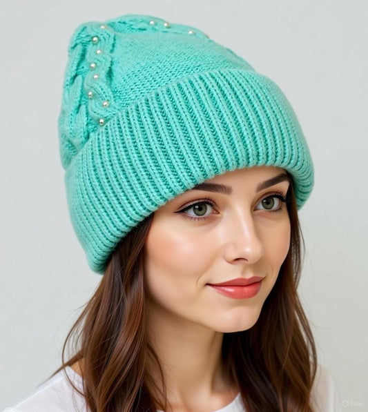KNITTED SLOUCHY BEANIE Girl Slouchy Knitted Wool Winter Woman Braided Hat Gift for Her Wool Accessories Chunky Hat Fleece Lining Cap Warm