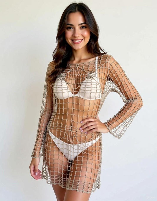 CROCHET SUMMER DRESS, Beach Cover Up, Crochet Women Tunic, Knitted Tunic, Summer Dress, Openwork, Spider Tunic, Sexy Lace Dress, Mini, S