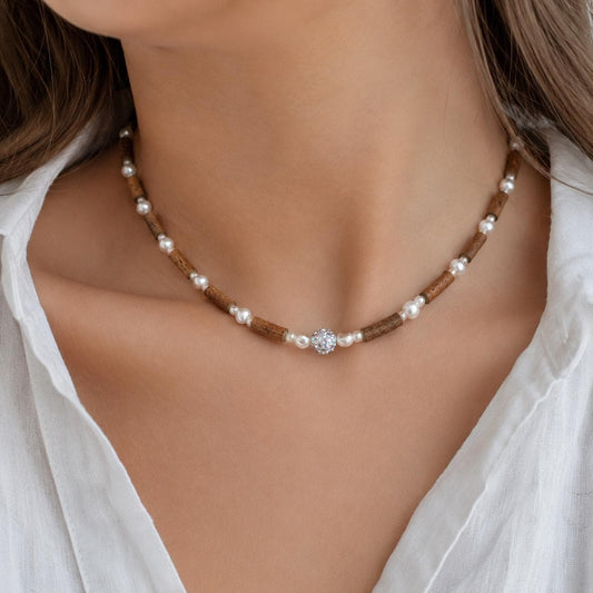 Wooden Necklace Women, Natural Hazelwood Pearl Crystal Stone Necklace Choker, Healing Gemstones Adult , Real Fresh Water Pearls