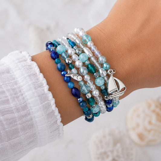 Blue Ocean Multi Strand Memory Wire Bracelet, Gemstone Cuff