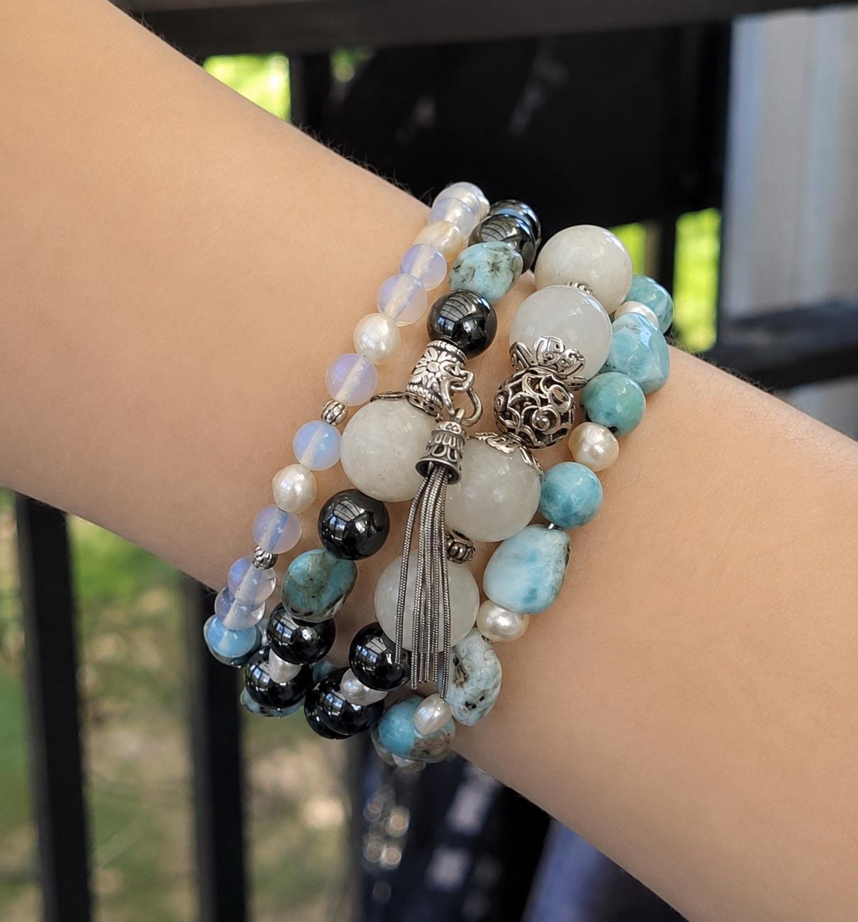 Larimar Bracelet: Sterling Silver, Moonstone, Pearl Gemstone Cuff