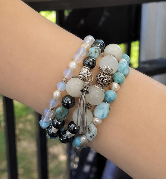Larimar Bracelet: Sterling Silver, Moonstone, Pearl Gemstone Cuff