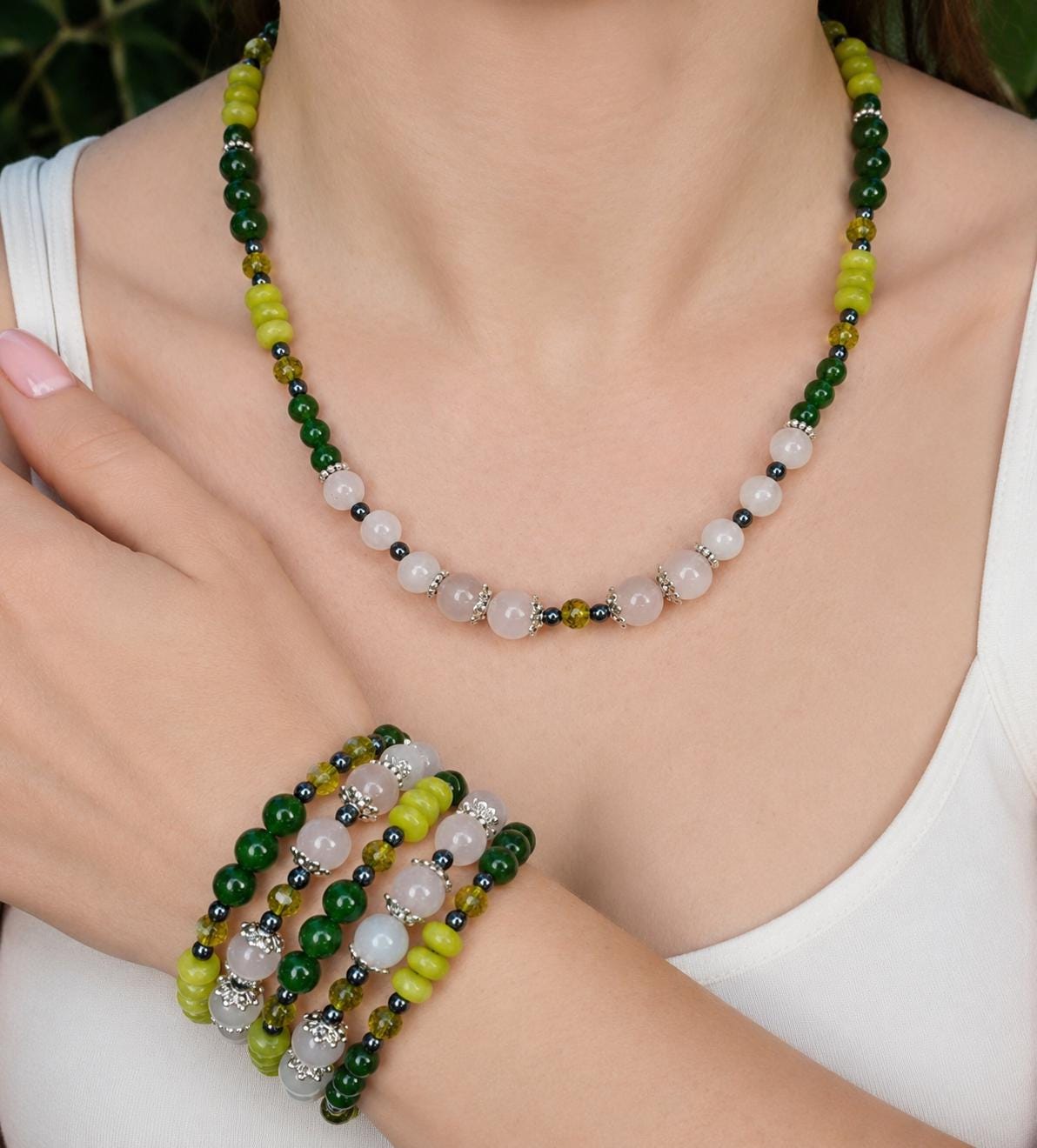 Rose Quartz Necklace and Bracelet Set, Green Jade Jewelry Set, Gemstone Jewelry Gift for Her, Matching Necklace Bracelet, Handmade in Canada