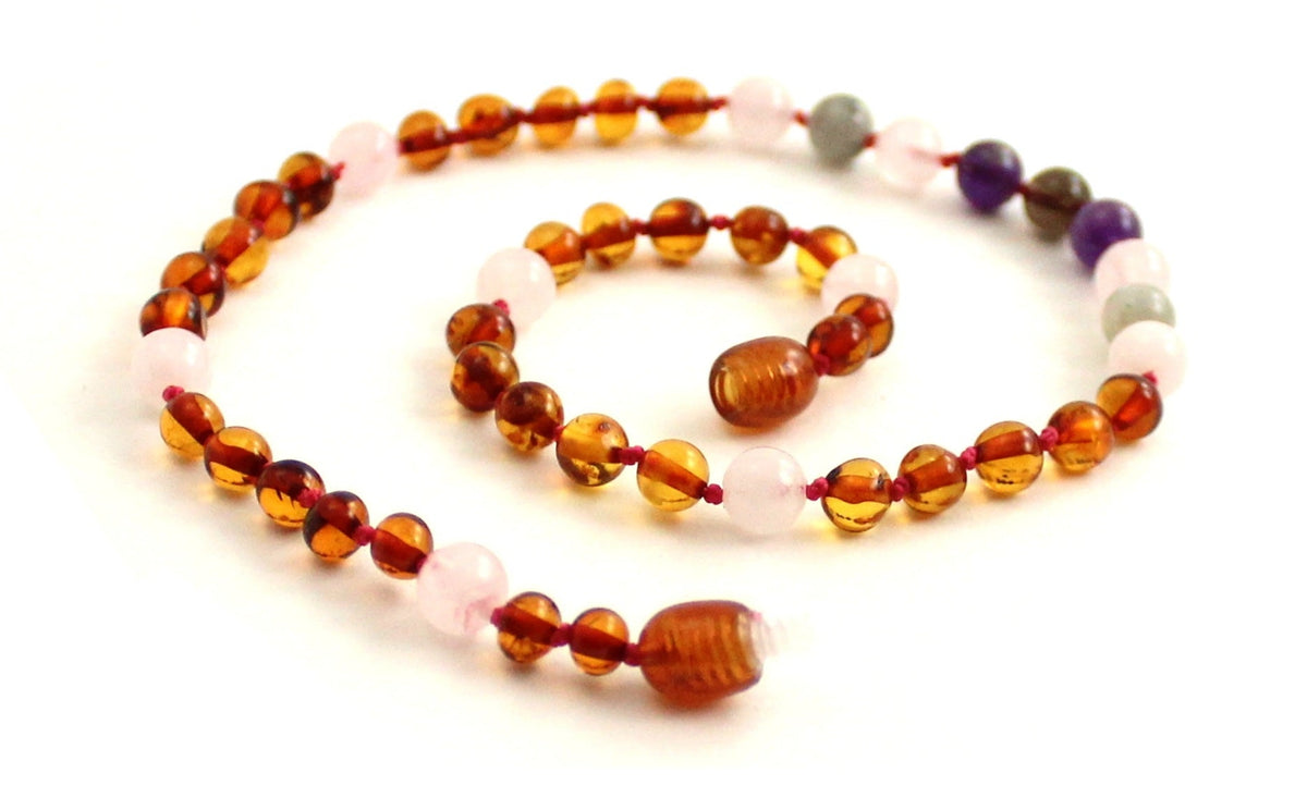 Amber Cognac Polished and Rose Quartz Necklace With Gems-0