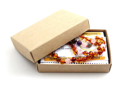 Amber Cognac Polished and Rose Quartz Necklace With Gems-1