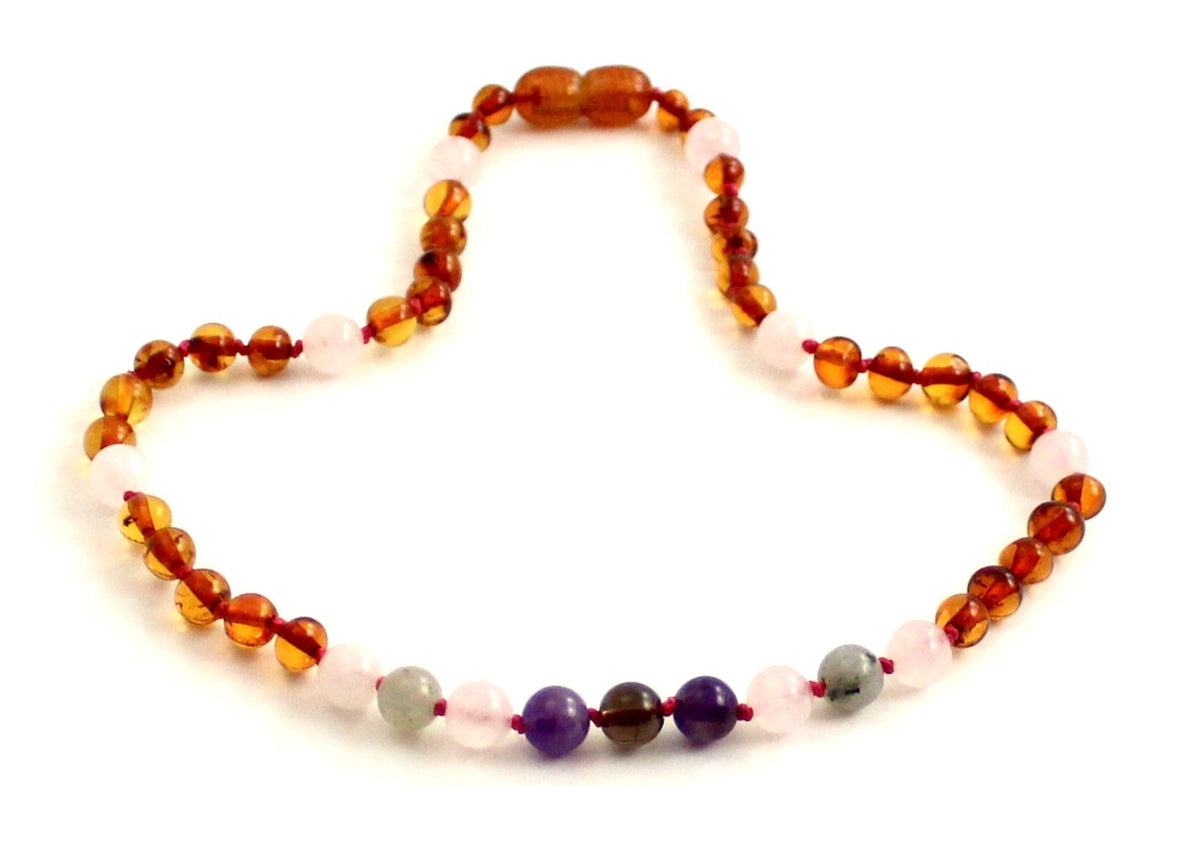 Amber Cognac Polished and Rose Quartz Necklace With Gems-2