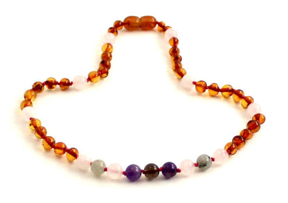 Amber Cognac Polished and Rose Quartz Necklace With Gems-2