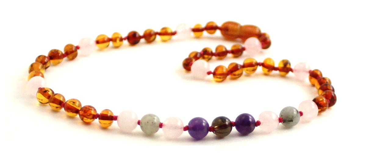 Amber Cognac Polished and Rose Quartz Necklace With Gems-3