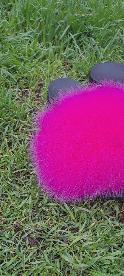 Fuchsia Raccoon Fur Slippers – Real Fur Slides
