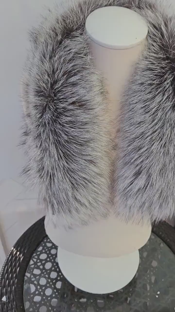BY ORDER XL Large Real Silver Fox Fur Collar, Fur Trim for Hoodie, Silver Fox Fur Collar, Scarf, Ruff, Hood, Lining and Buttons, Custom size