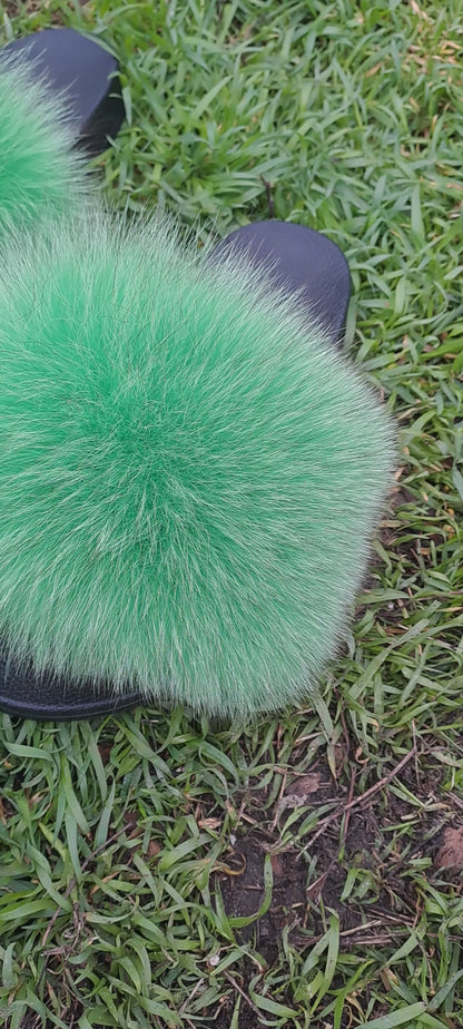 Spring Green Arctic Fox Fur Slippers – Real Fur Slides