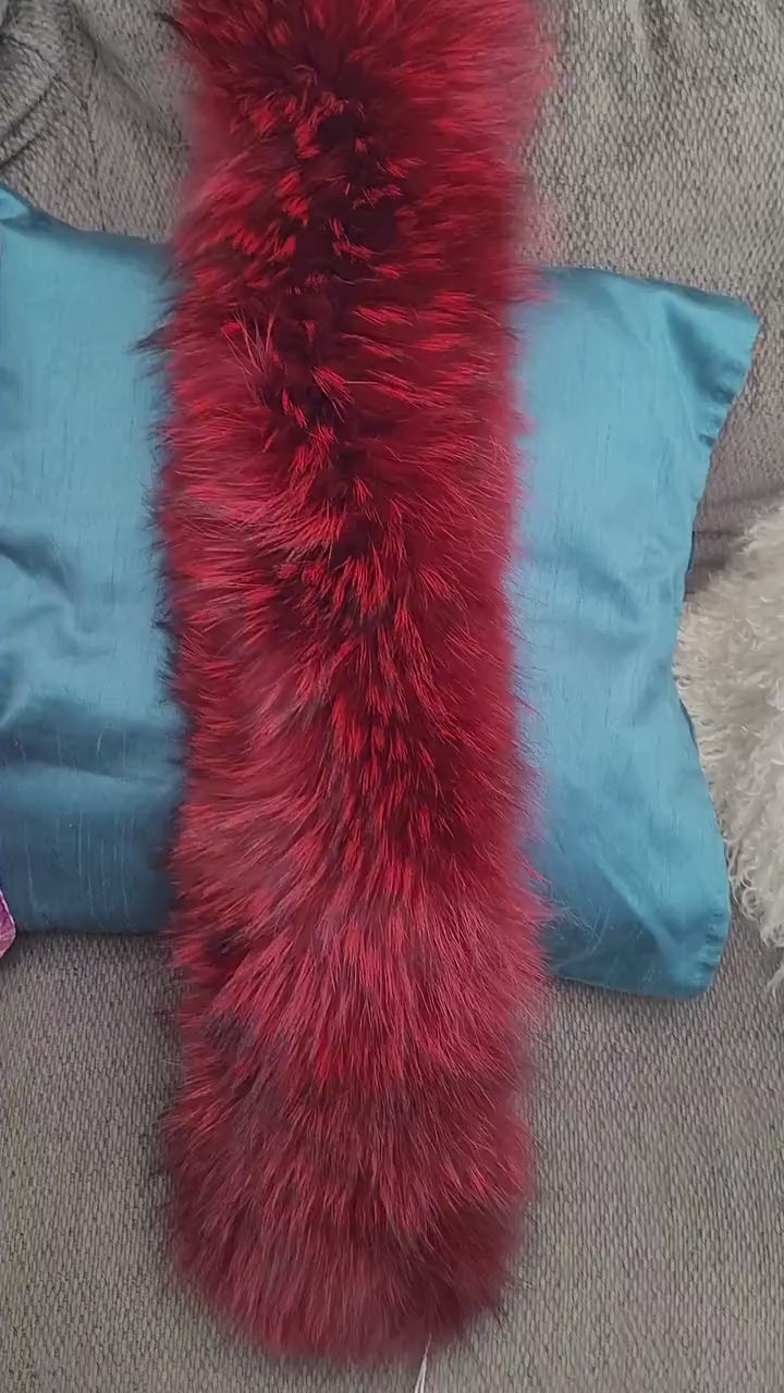 BY ORDER XL Large Red Real Raccoon Fur Collar, Fur Trim for Hoodie, Raccoon Fur Collar, Fur Scarf, Fur Ruff, Hood , Buttons included