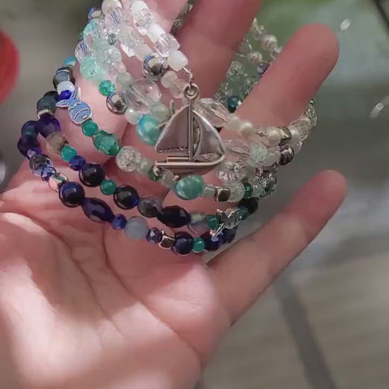 Blue Ocean Multi Strand Memory Wire Bracelet, Gemstone Cuff