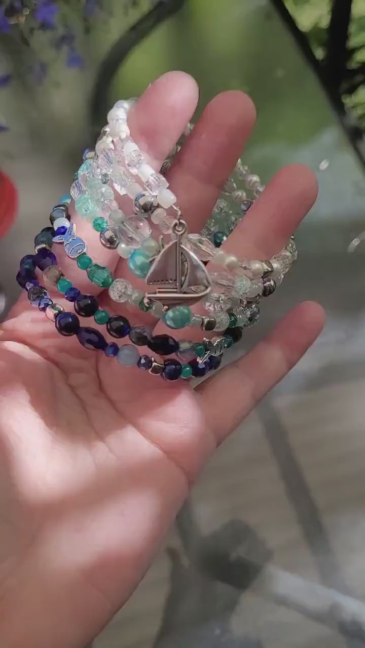 Blue Ocean Multi Strand Memory Wire Bracelet, Gemstone Cuff