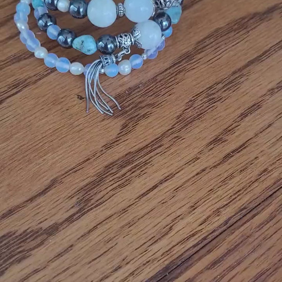 Larimar Bracelet: Sterling Silver, Moonstone, Pearl Gemstone Cuff