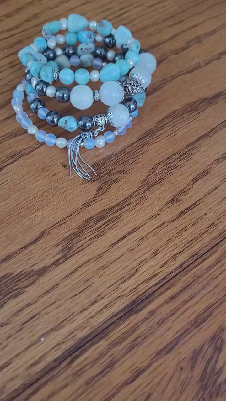 Larimar Bracelet: Sterling Silver, Moonstone, Pearl Gemstone Cuff