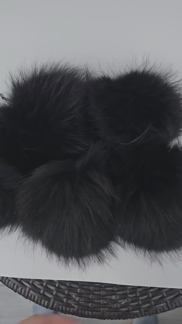 8-9" EXTRA LARGE BLACK Pom Poms! Double Raccoon Pom Pom Giant Pom Pom for Chunky Hat Beanie Tuque Winter Knit Hats  Puff Fluffy Fur Ball