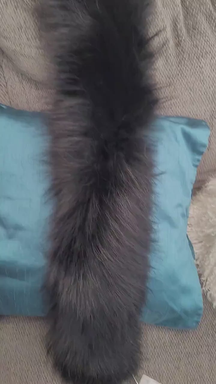 BY ORDER XL Large Black Real Raccoon Fur Collar, Fur Trim for Hoodie, Raccoon Fur Collar, Fur Scarf, Fur Ruff, Hood , Buttons included