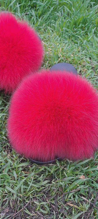 Bright Red Raccoon Fur Slippers – Real Fur Slides