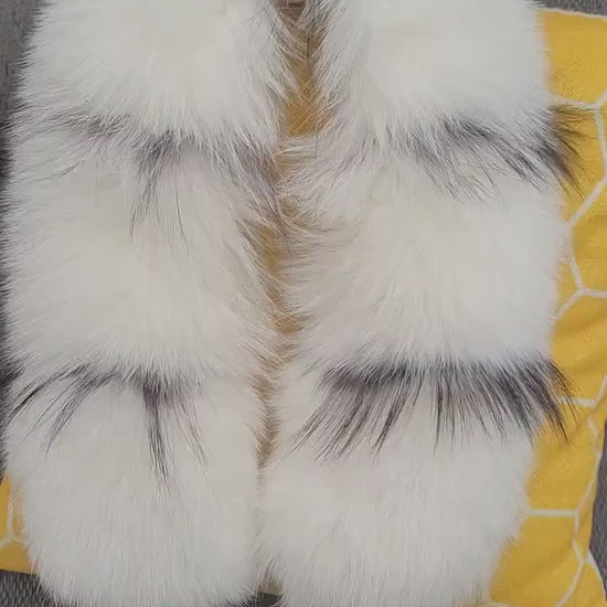 BY ORDER XXL Real Fox Fur (skin) Trim Hood with lining and buttons, White and Black Fox Fur Collar, Large Fur Scarf Ruff, Real Fur Hood
