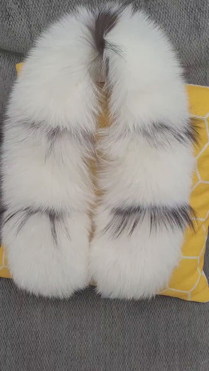 BY ORDER XXL Real Fox Fur (skin) Trim Hood with lining and buttons, White and Black Fox Fur Collar, Large Fur Scarf Ruff, Real Fur Hood