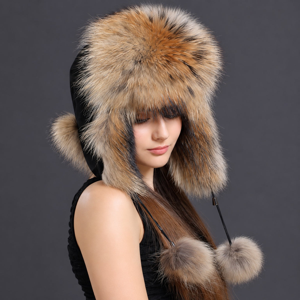 Raccoon fur ushanka hat for women three-quarter view