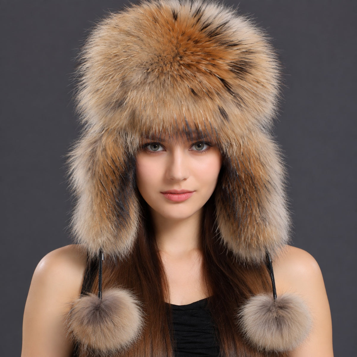Raccoon fur ushanka hat for women front view