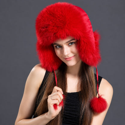 Red fox fur ushanka hat for women front view