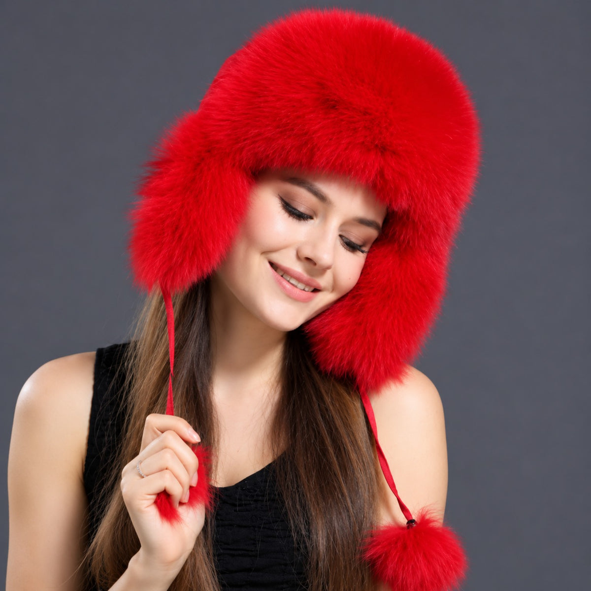 Red fox fur ushanka hat for women front three-quarter view